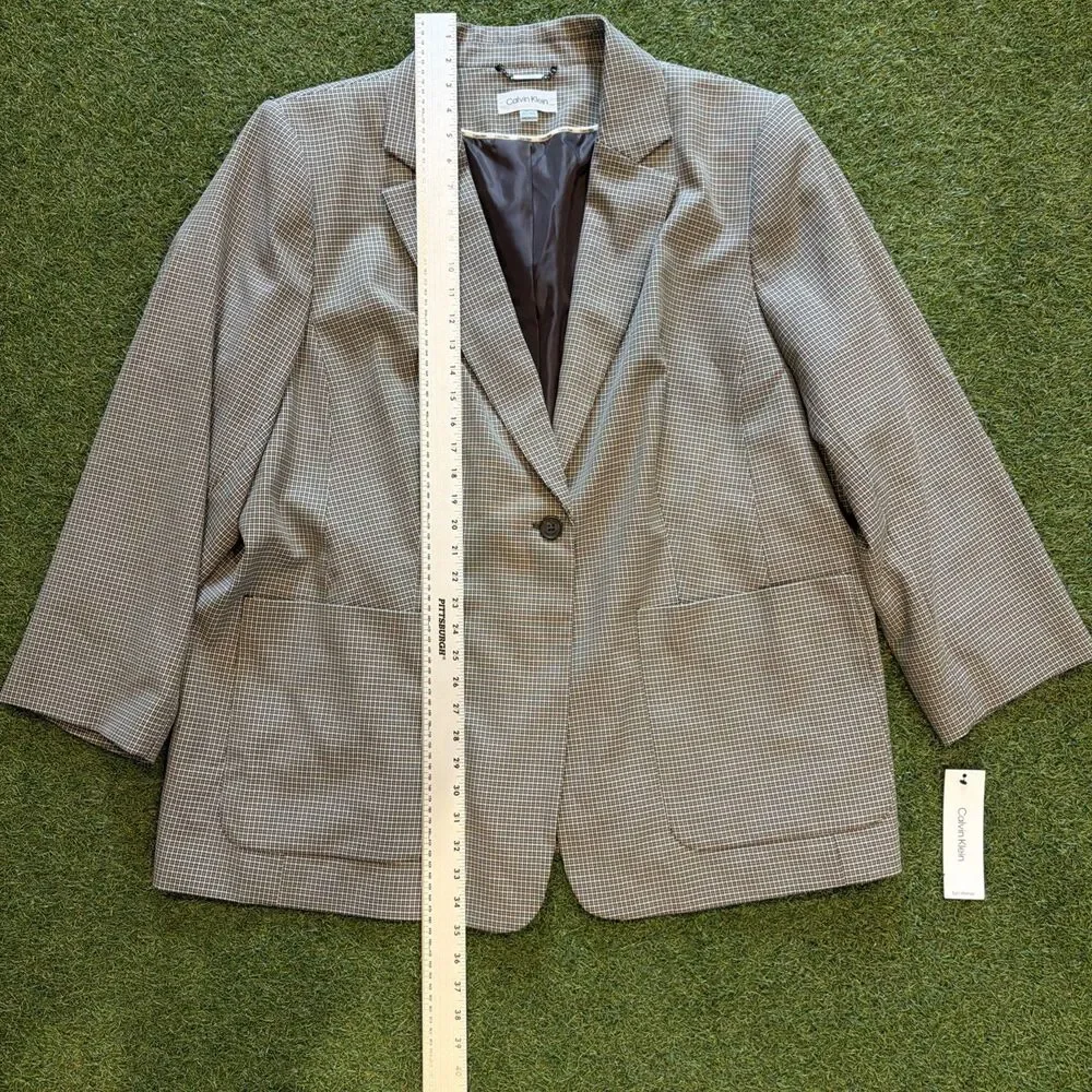 Calvin Klein Womens Brown Houndstooth Grid Plaid Blazer Jacket Single Button 24W - Picture 2 of 16